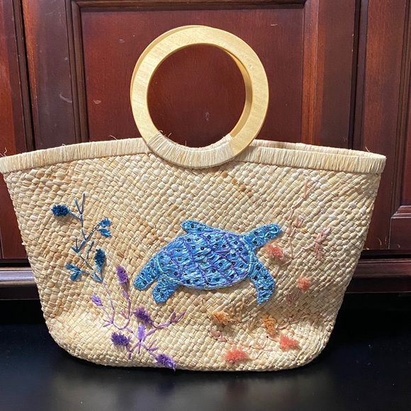 Capelli of New York Handbags - Vintage Straw Tote with Blue Turtle Design bag